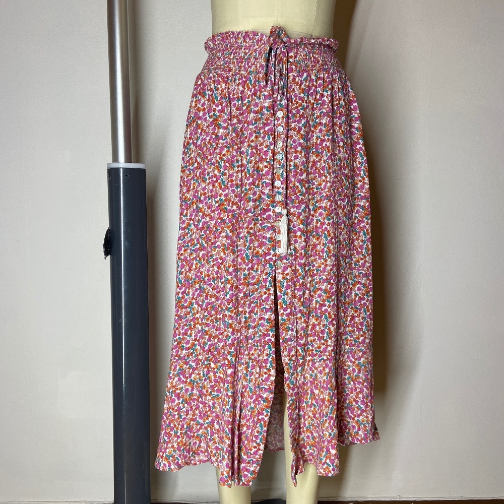 Rachel Zoe Pink and Orange Floral Button Front Flowy Skirt with Smocked Waist